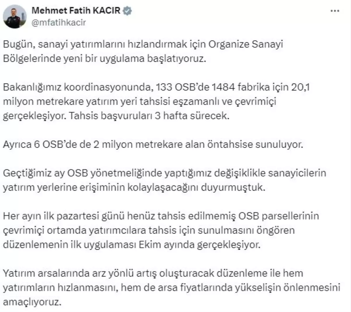 OSB’lerde Yeni Arsa Tahsisi Uygulaması